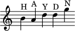 
\version "2.18.2"
\header {
  tagline = ##f
}

\score {
  \new Staff \with {
    \remove "Time_signature_engraver"
  }
<<
  \relative c'' {
    \key c \major
    \time 4/1
    \tempo 4 = 62
    \override TupletBracket #'bracket-visibility = ##f 

     %%%% 
     b4^\markup{H} a^\markup{A} d^\markup{Y} d^\markup{D} g^\markup{N}

  }
>>
  \layout {
     \context { \Score \remove "Metronome_mark_engraver" }
  }
  \midi {}
}
