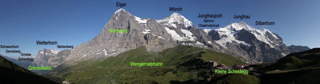 Вершины Эйгер, Мёнх и Юнгфрау. 180° панорама, вид со стороны перевала Кляйне-Шайдег в Бернских Альпах