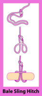 Bale sling hitch (англ.), Bale sling hitch. Штык на рангоуте, самый нескользящий из всех штыков, потому что нет концов для распускания. Не может затянутся, самый простой и легко расслабляемый. Используется в оснастке строп, грузовых лямках[1]. [abok 205]