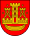 A coat of arms depicting a golden castle with three turrets surrounded with four golden stars all on a red background