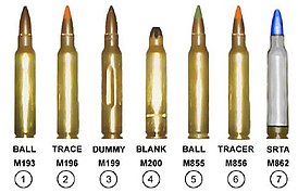 Номенклатура боеприпасов 5,56: 1. боевой ранних выпусков; 2. трассирующий ранних выпусков; 3. учебный; 4. холостой; 5. боевой современный; 6. трассирующий современный; 7. для учебной стрельбы с пластиковой пулей.