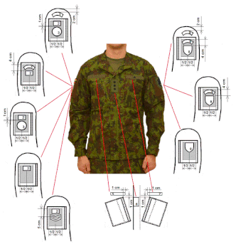 Схема ношения нашивок на полевой форме одежды расцветки "лесная" (лит. Miško) образца 2005-2018 года. Вариант сохранялся в некоторых подразделениях войска до 2021 года, во время перехода к новому образцу, сейчас остался в подразделениях резервистов.