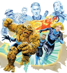 Фантастическая четвёрка на варианте обложки Fantastic Four vol. 6 (Август, 2018) Художник — Майк Мэйхью Слева направо: Существо, Человек-факел, Мистер Фантастик и Невидимая леди