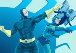 Дэн Гаррет, Тед Корд и Хайме Рейес. Задник обложки Blue Beetle Companion, рисунок Тома Фейстера.