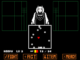 Бой с Ториэль в Undertale. Ториэль атакует огненной магией красное сердце, символизирующее душу игрока.